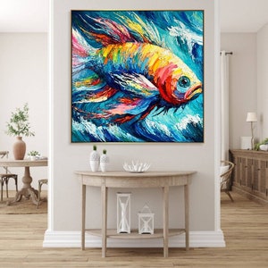 Abstract Fish Oil Painting Impasto Style Colorful Acrylic Art Modern Art Canvas Creative Painting Frame Painting MARINE MELODY 48x48 image 2