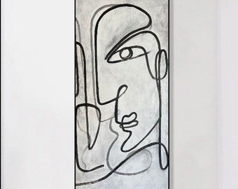 Abstract Wabi Sabi Art Black And White Face Contour Home Decor Minimalist Art Oil Paintings On Canvas Original | WITH MYSELF 45.6"x20"