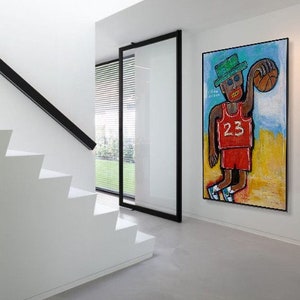 Joueur de basket-ball avec ballon Peintures acryliques colorées abstraites sur toile Art mural moderne encadré, peinture d'art BASKETEER 60 x 40 po image 2