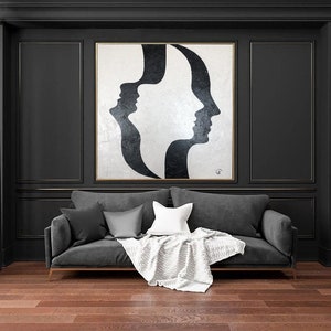 Visage illusion abstrait noir et blanc sur toile Art mural unique Peinture créative Art de la mode ILLUSION D'OPTIQUE 27,5 x 27,5 pouces image 4