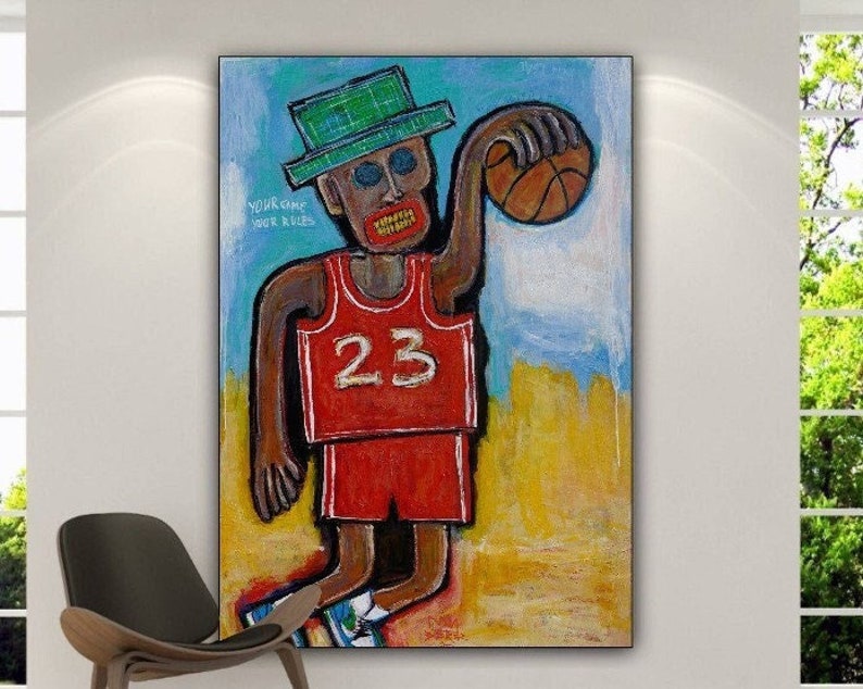 Joueur de basket-ball avec ballon Peintures acryliques colorées abstraites sur toile Art mural moderne encadré, peinture d'art BASKETEER 60 x 40 po image 1