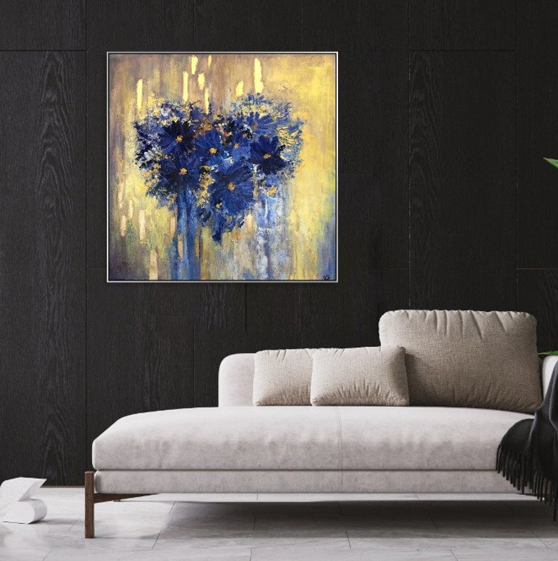 Flowers In The Shape Of Heart Blue And Gold Acrylic Painting On Canvas Creative Painting Home Decor Minimalist Art 46x46 image 4