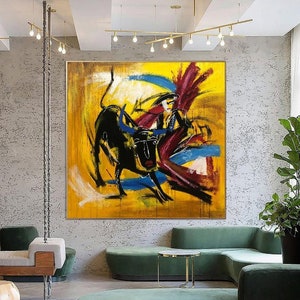 Abstract Bull and Matador PAinting On Canvas Yellow Art Bullfight Painting Unique Wall Art Corrida Wall Art SPANISH MOTIVES 72x72 image 3