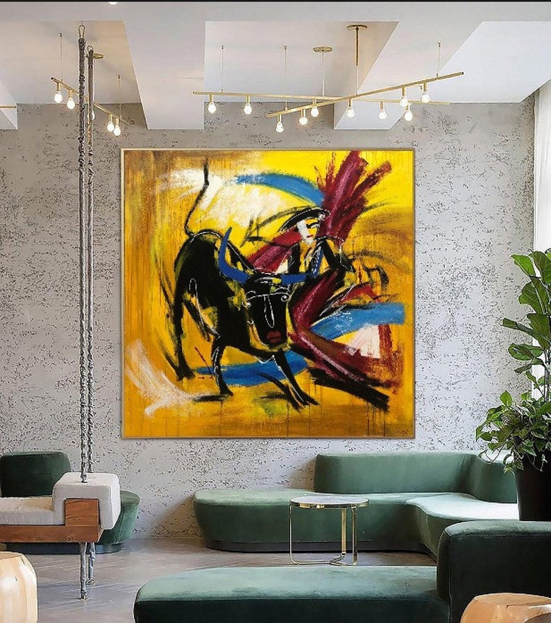 Abstract Bull and Matador PAinting On Canvas Yellow Art Bullfight Painting Unique Wall Art Corrida Wall Art SPANISH MOTIVES 72x72 imagem 3