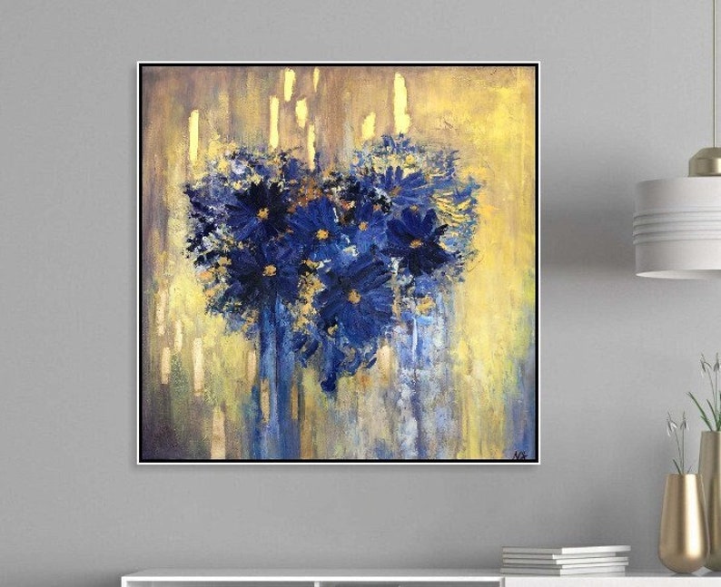 Flowers In The Shape Of Heart Blue And Gold Acrylic Painting On Canvas Creative Painting Home Decor Minimalist Art 46x46 image 1