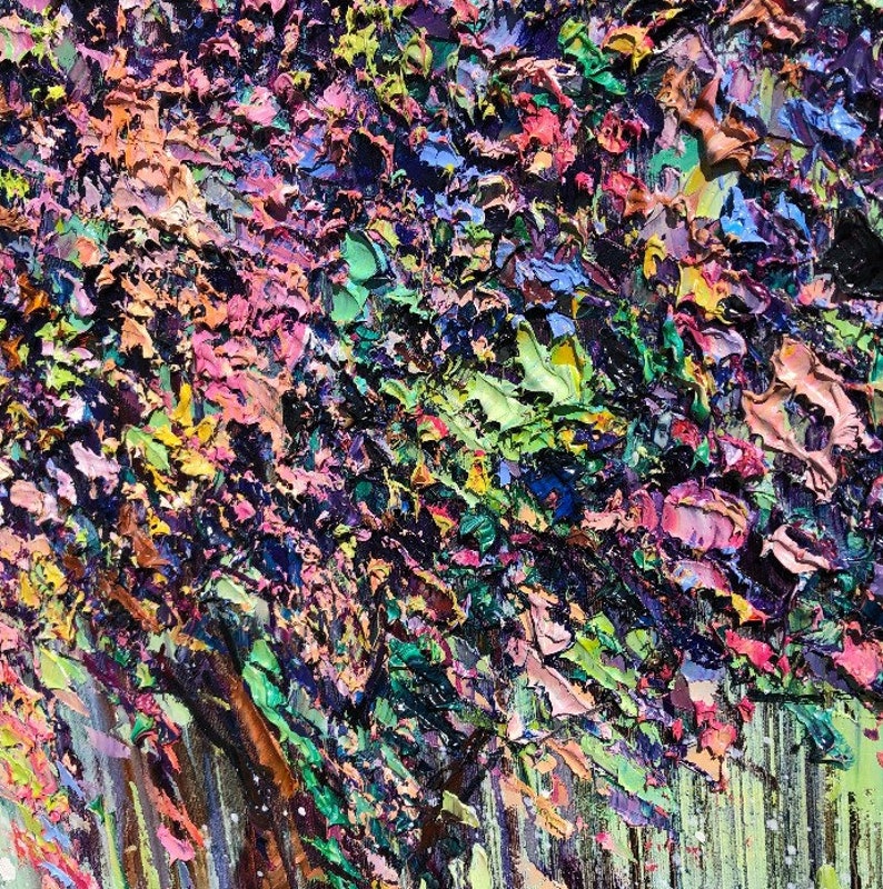 Abstrakte bunte Baum-Gemälde auf Leinwand Helle Natur Kunst strukturiertes Kunstwerk-Leinwand-Rahmen Gemälde HERBSTBLATT HERBST 80cmx110cm Bild 6