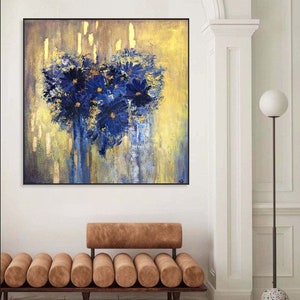 Flowers In The Shape Of Heart Blue And Gold Acrylic Painting On Canvas Creative Painting Home Decor Minimalist Art 46x46 image 2