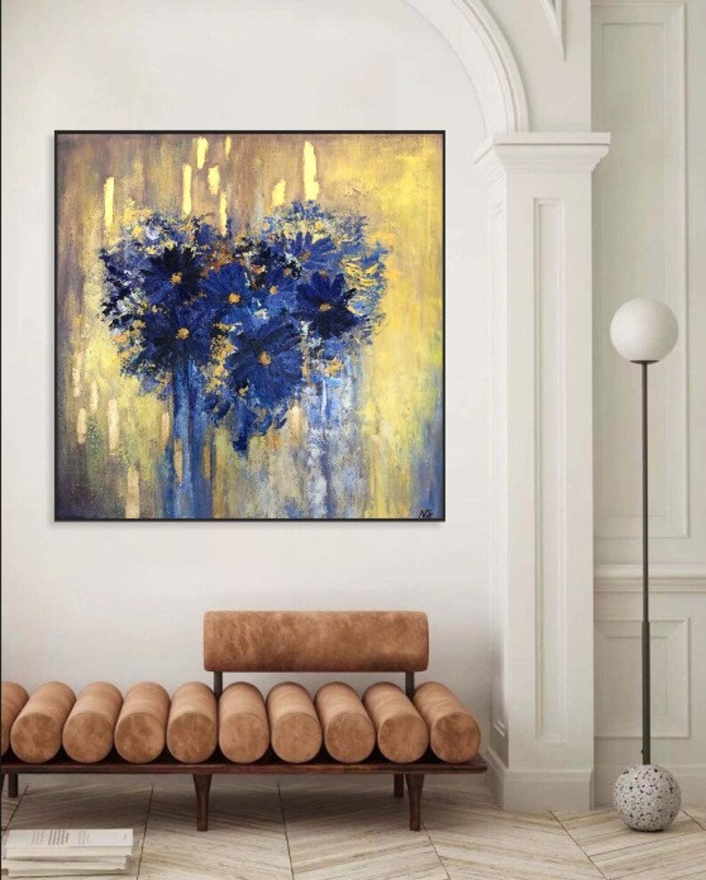 Flowers In The Shape Of Heart Blue And Gold Acrylic Painting On Canvas Creative Painting Home Decor Minimalist Art 46x46 image 2