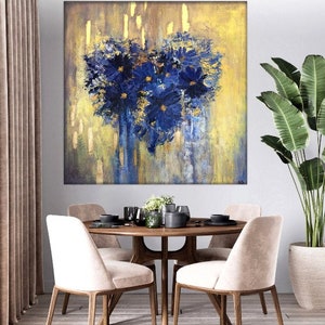 Flowers In The Shape Of Heart Blue And Gold Acrylic Painting On Canvas Creative Painting Home Decor Minimalist Art 46x46 image 5