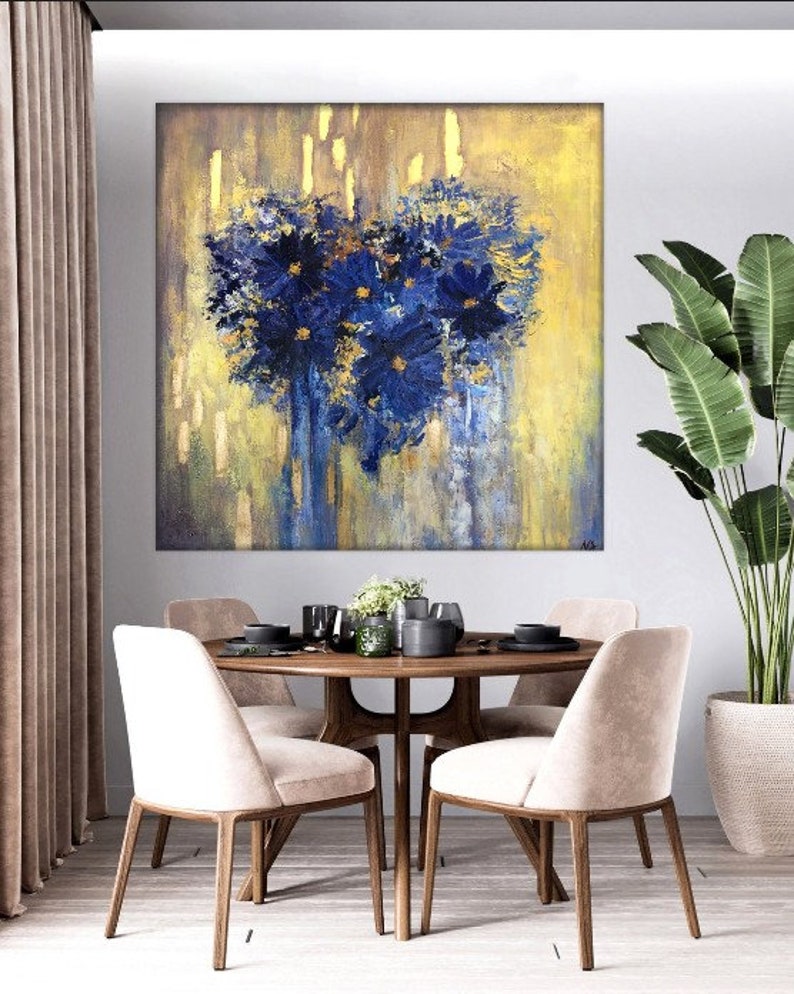 Flowers In The Shape Of Heart Blue And Gold Acrylic Painting On Canvas Creative Painting Home Decor Minimalist Art 46x46 image 5