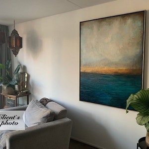 Abstrakte blaue und graue Meereslandschaft, Ölkunst auf Leinwand, Sonnenuntergangskunst, handgemachte Malerei, Heimdekoration, zeitgenössische Kunst WASSERLANDSCHAFT 40x30 Bild 9