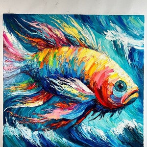 Abstraktes Fisch-Ölgemälde, pastoser Stil, bunte Acrylkunst, moderne Kunst, Leinwand, kreatives Gemälde, Rahmengemälde, Meeresmelodie, 121,9 x 121,9 cm Bild 8