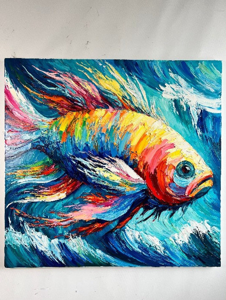 Abstraktes Fisch-Ölgemälde, pastoser Stil, bunte Acrylkunst, moderne Kunst, Leinwand, kreatives Gemälde, Rahmengemälde, Meeresmelodie, 121,9 x 121,9 cm Bild 8