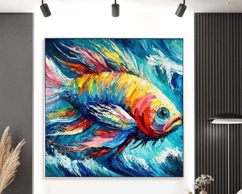 Abstraktes Fisch-Ölgemälde, pastoser Stil, bunte Acrylkunst, moderne Kunst, Leinwand, kreatives Gemälde, Rahmengemälde, Meeresmelodie, 121,9 x 121,9 cm Bild 1