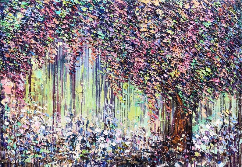 Abstrakte bunte Baum-Gemälde auf Leinwand Helle Natur Kunst strukturiertes Kunstwerk-Leinwand-Rahmen Gemälde HERBSTBLATT HERBST 80cmx110cm Bild 7