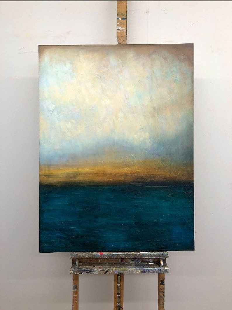 Abstrakte blaue und graue Meereslandschaft, Ölkunst auf Leinwand, Sonnenuntergangskunst, handgemachte Malerei, Heimdekoration, zeitgenössische Kunst WASSERLANDSCHAFT 40x30 Bild 10