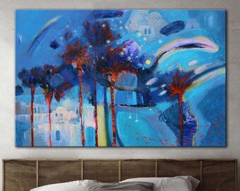 Surreal Coastal Abstract Painting with Whimsical Palm Trees in Blue and Red Abstract Expressionism Night Scene Art BLUE WAY 31.5"x47"