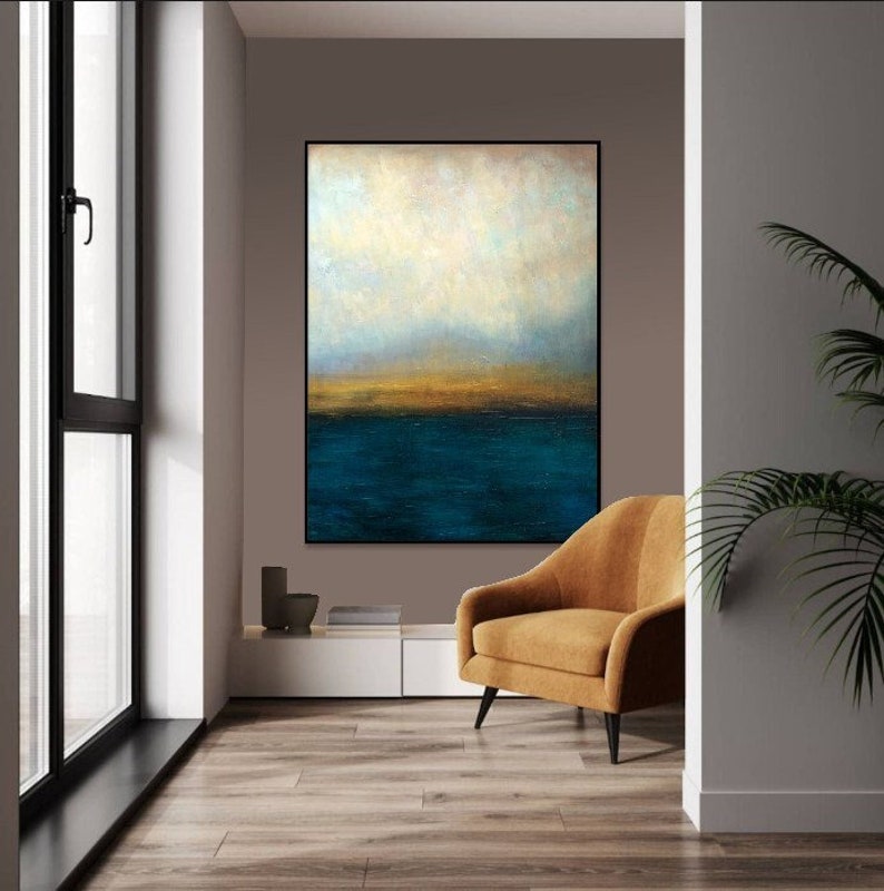 Abstrakte blaue und graue Meereslandschaft, Ölkunst auf Leinwand, Sonnenuntergangskunst, handgemachte Malerei, Heimdekoration, zeitgenössische Kunst WASSERLANDSCHAFT 40x30 Bild 1