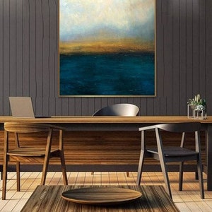 Abstrakte blaue und graue Meereslandschaft, Ölkunst auf Leinwand, Sonnenuntergangskunst, handgemachte Malerei, Heimdekoration, zeitgenössische Kunst WASSERLANDSCHAFT 40x30 Bild 5
