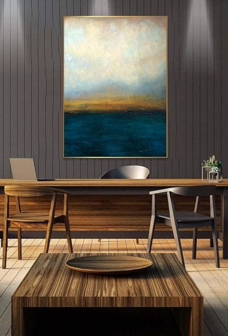 Abstrakte blaue und graue Meereslandschaft, Ölkunst auf Leinwand, Sonnenuntergangskunst, handgemachte Malerei, Heimdekoration, zeitgenössische Kunst WASSERLANDSCHAFT 40x30 Bild 5