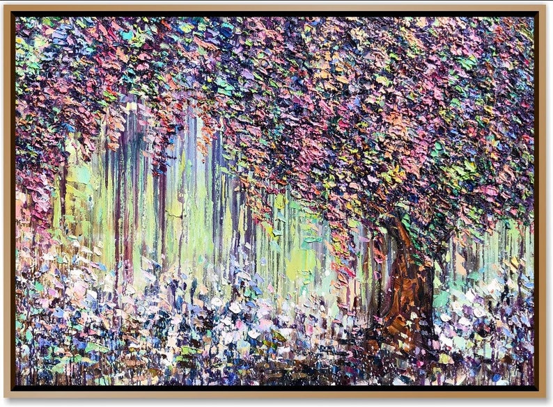 Abstrakte bunte Baum-Gemälde auf Leinwand Helle Natur Kunst strukturiertes Kunstwerk-Leinwand-Rahmen Gemälde HERBSTBLATT HERBST 80cmx110cm Bild 8