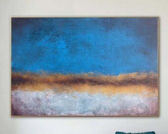 Abstract Landscape Paintings Modern Blue Beige And Gold Colors Art Home Decor Minimalist Art Oil Abstract Art For Living Room DAY 15.7x23.6"