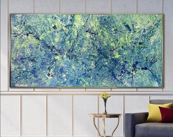 Peinture Abstraite Colorée Sur Toile Art Vert Et Bleu Style Tacheté Peinture Fine Art Moderne Cadre Art Créatif | FOLIE DES COULEURS 35 x 75 po.