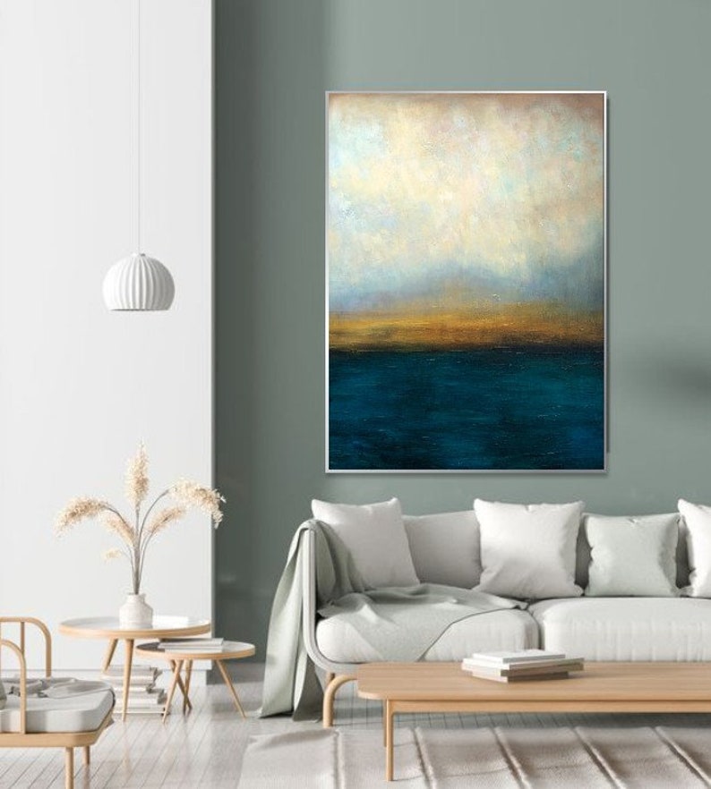 Abstrakte blaue und graue Meereslandschaft, Ölkunst auf Leinwand, Sonnenuntergangskunst, handgemachte Malerei, Heimdekoration, zeitgenössische Kunst WASSERLANDSCHAFT 40x30 Bild 4