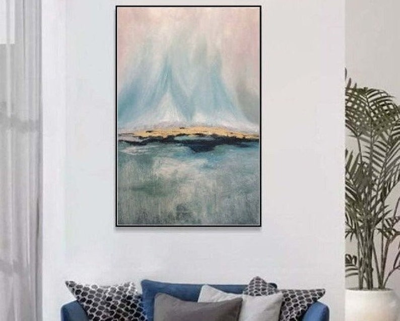 Abstract Light Blue And Grey Landscape Oil Painting On Canvas Minimalist Art Original Textured Wall DecorModern Art BOUNDLESS 44.8x30 image 1