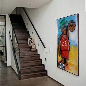 Joueur de basket-ball avec ballon Peintures acryliques colorées abstraites sur toile Art mural moderne encadré, peinture d'art BASKETEER 60 x 40 po image 5