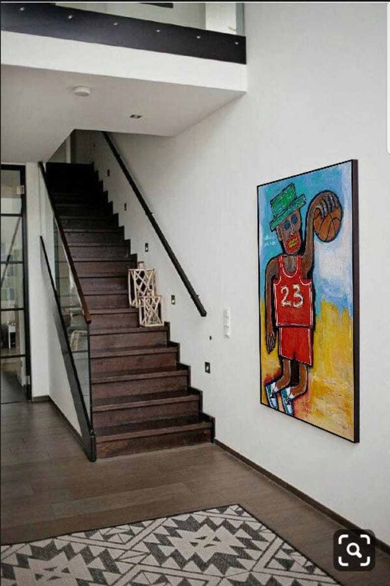 Joueur de basket-ball avec ballon Peintures acryliques colorées abstraites sur toile Art mural moderne encadré, peinture d'art BASKETEER 60 x 40 po image 5