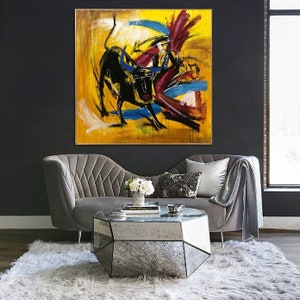 Peinture abstraite de taureau et de matador sur la toile jaune, peinture de corrida, art mural unique, art mural de corrida MOTIFS ESPAGNOLS 72x72 image 4