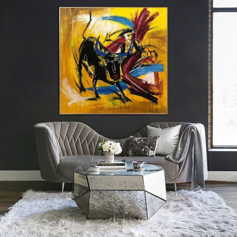 Abstraktes Stier und Matador-Gemälde auf Leinwand, gelbe Kunst, Stierkampf-Gemälde, einzigartige Wandkunst, Corrida-Wandkunst SPANISCHE MOTIVE 72x72 Bild 4