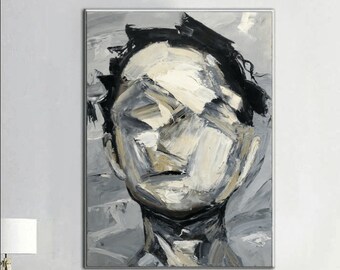 Abstraktes figuratives Gemälde Auf Leinwand Gesichtsmalerei In Shades Of Grey Texture Art Acryl-Gesichtslosen Ausdruck 54 "x 36"
