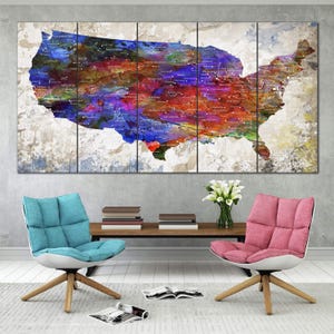 鮮やかな抽象米国地図プリント 大型マルチパネル アメリカンウォールアート モダン水彩地図 自宅やオフィスの壁装飾に