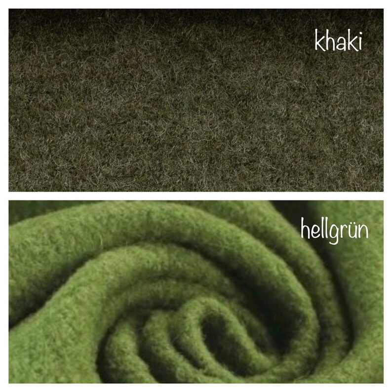 Puede incluir: Dos muestras de tela, una de color caqui verde oscuro y la otra de color verde claro, etiquetadas como "khaki" y "hellgr&uuml;n".