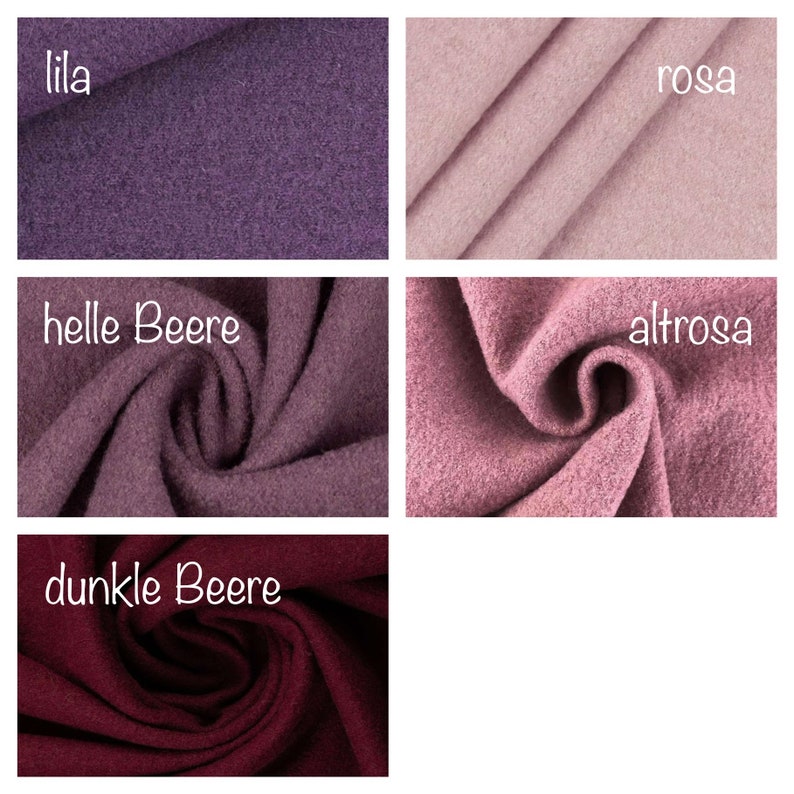 Puede incluir: Cuatro muestras de tela en diferentes tonos de morado y rosa. Las muestras est&aacute;n etiquetadas como "lila", "rosa", "helle Beere" y "dunkle Beere".