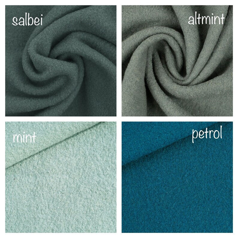 Puede incluir: Cuatro muestras de tela en diferentes tonos de verde y azul. Las muestras est&aacute;n etiquetadas como "salbei", "altmint", "mint" y "petrol".