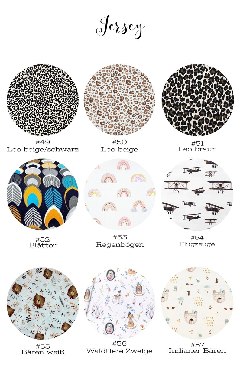 May include: A collection of 10 different fabric swatches with various patterns, including leopard print, leaves, rainbows, airplanes, bears, and woodland animals. The swatches are labeled with numbers and names in German.