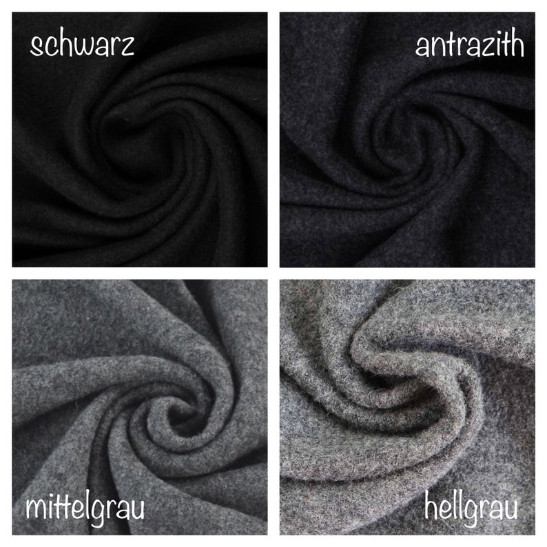 Puede incluir: Cuatro muestras de tela en diferentes tonos de gris. Las muestras est&aacute;n dispuestas en una cuadr&iacute;cula, con el tono m&aacute;s oscuro en la esquina superior izquierda, seguido de un tono ligeramente m&aacute;s claro en la esquina superior derecha, un tono medio en la esquina inferior izquierda y el tono m&aacute;s claro en la esquina inferior derecha. Las muestras est&aacute;n etiquetadas con las palabras alemanas para los colores: "schwarz" (negro), "anthrazit" (antracita), "mittelgrau" (gris medio) y "hellgrau" (gris claro).