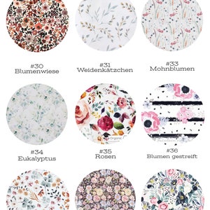 May include: Nine different fabric swatches with floral patterns. The swatches are labeled with numbers and names in German. The names include "Blumenwiese", "Weidenk&auml;tzchen", "Mohnblumen", "Eukalyptus", "Rosen", "Blumen gestreift", "Wildblumen", "Dark Flower", and "Blumen grau".