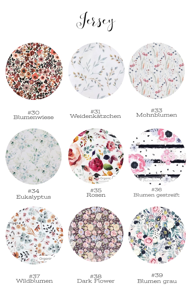 May include: Nine different fabric swatches with floral patterns. The swatches are labeled with numbers and names in German. The names include "Blumenwiese", "Weidenk&auml;tzchen", "Mohnblumen", "Eukalyptus", "Rosen", "Blumen gestreift", "Wildblumen", "Dark Flower", and "Blumen grau".