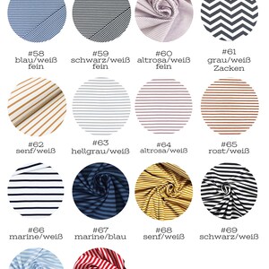 May include: A collection of 12 different jersey fabric swatches, each with a unique color and pattern. The swatches are labeled with numbers and descriptions, such as "blau/wei&szlig; fein" and "senf/wei&szlig;".