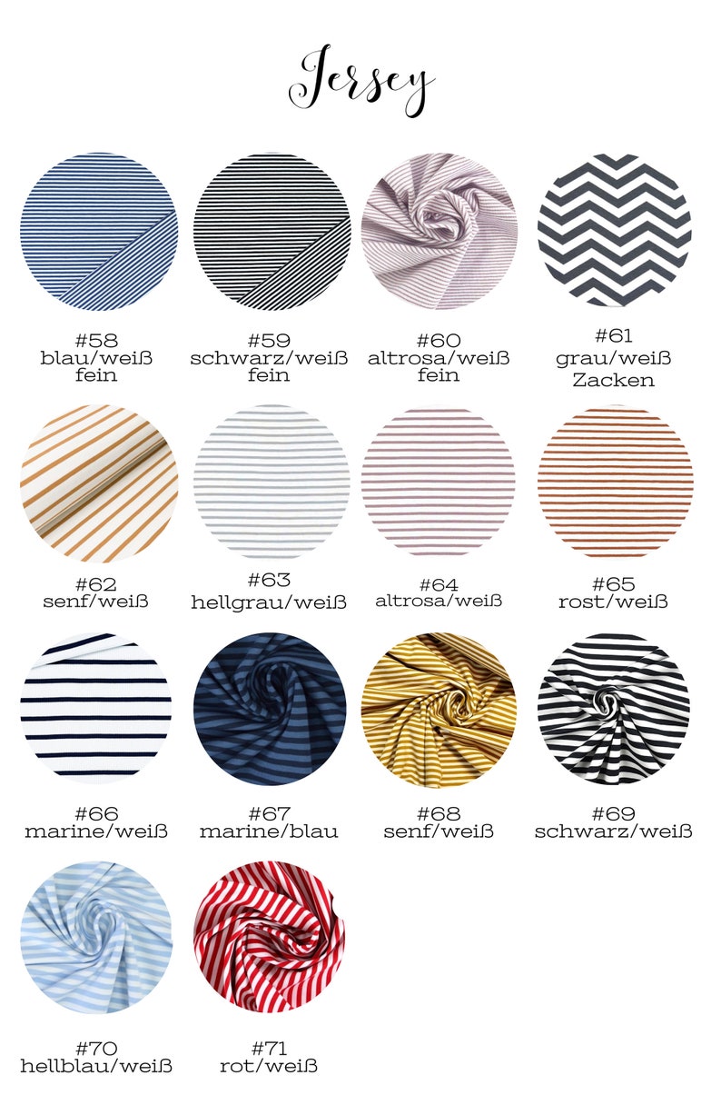 May include: A collection of 12 different jersey fabric swatches, each with a unique color and pattern. The swatches are labeled with numbers and descriptions, such as "blau/wei&szlig; fein" and "senf/wei&szlig;".