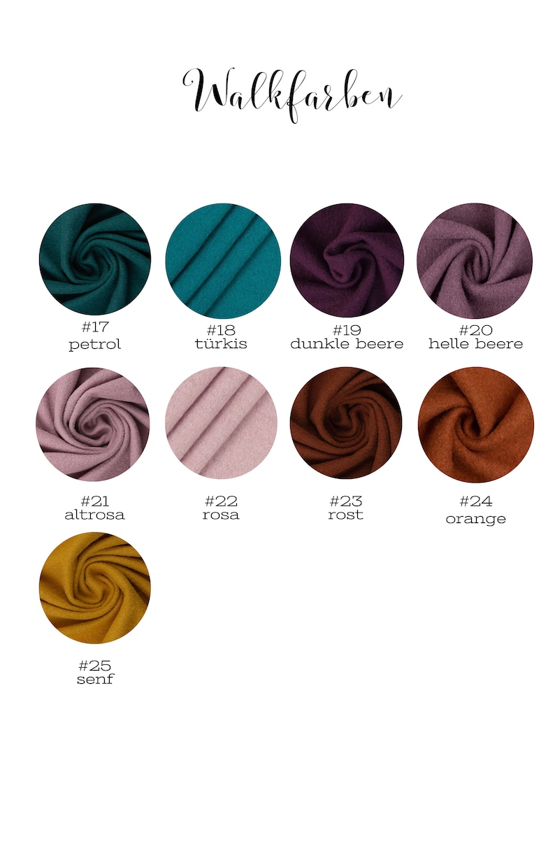 Puede incluir: Una carta de colores que muestra 10 muestras de tela diferentes en varios tonos de verde, morado, rosa, marr&oacute;n, naranja y amarillo. Las muestras est&aacute;n etiquetadas con n&uacute;meros y nombres alemanes para los colores.