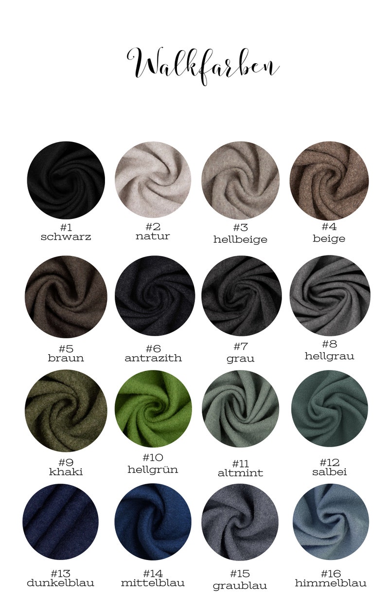 Puede incluir: Una carta de colores que muestra 16 colores de tela diferentes, etiquetados con n&uacute;meros y nombres alemanes. Los colores incluyen negro, beige, marr&oacute;n, gris, verde, azul y blanco.