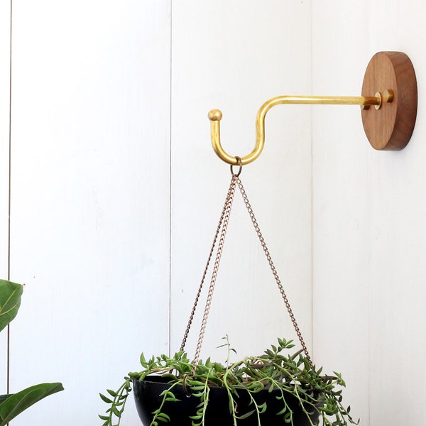 Wall hook for hanging planter indoor or outdoor. Solid brass and wood Wall planter hook. Modern planter hanger. Wall plant holder.