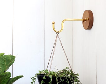 Wall hook for hanging planter indoor or outdoor. Solid brass and wood Wall planter hook. Modern planter hanger. Wall plant holder.