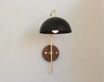 Wall lamp inspired by mid century modern, Wooden wall mounted sconce, Bedside wall light fixture, Designer lamp. Brass lamp