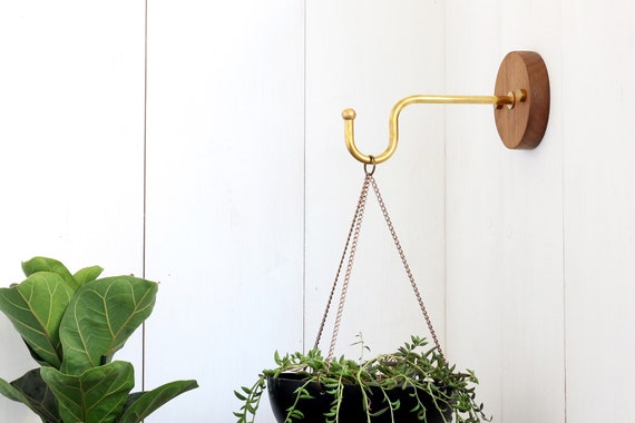 Wall Hook for Hanging Planter Indoor or Outdoor. Solid Brass and Wood Wall  Planter Hook. Modern Planter Hanger. Wall Plant Holder. 